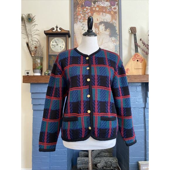 Tally Ho Vintage MCM Women's L Cardigan Sweater Green Plaid Button Blazer Jacket - Picture 1 of 15